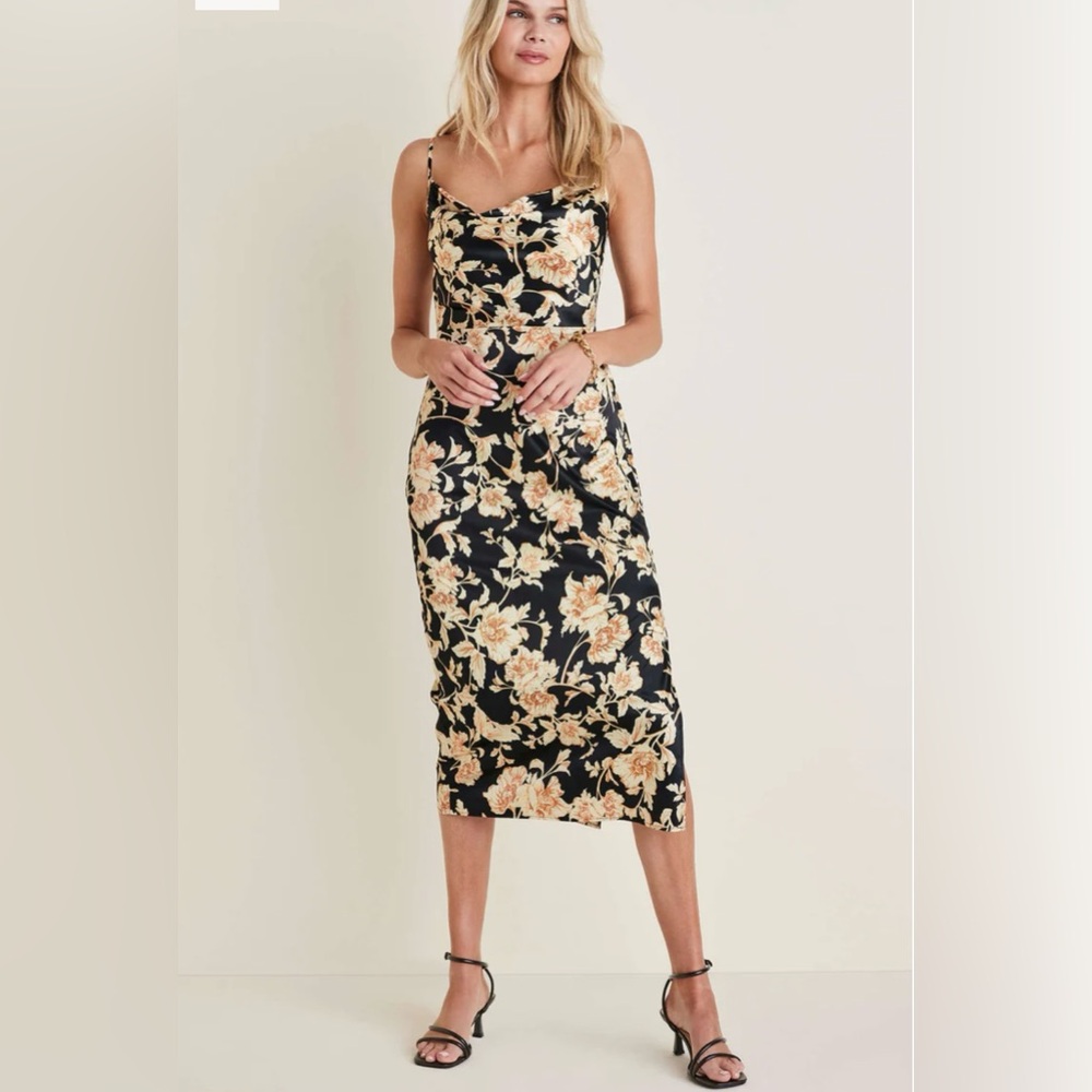 VENUS SLIP DRESS WITH COWL NECK, FITTED WAIST AND SILKY SHEEN MATERIAL